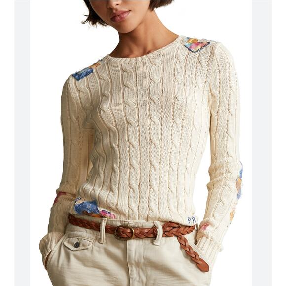 Polo Ralph Lauren Women's Pima Cotton Patchwork Cable-Knit Sweater White Size XS - Picture 2 of 13
